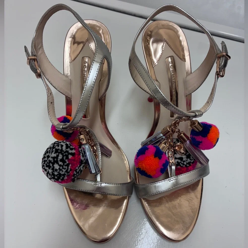 Sophia Webster Silver Heels with Colorful Pom Poms